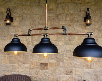 3 light industrial island chandelier copper pipe pool table light black metal farmhouse lighting industrial billiard table light fixture