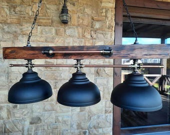 Rustic Wood Beam Chandelier, 3 Light Farmhouse Pendant Light, Industrial Kitchen Island Lighting, Dining Room Fixture
