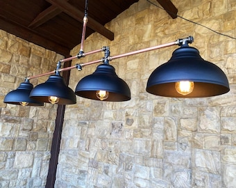Industrial Pipe Pendant Light 4 Light Kitchen Island Lighting Rustic Black Metal Shades Copper Pipe Chandelier Loft Dining Table Fixture