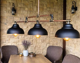 Industrial Copper Pipe Chandelier, 3 Light Black Metal Pendant, Rustic Farmhouse Dining Table Lighting