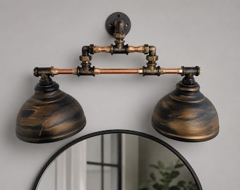 Bathroom Vanity Light, Rustic Double Wall Sconce, Copper Pipe Wall Fixture, Farmhouse Mirror Light
