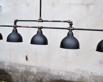 Pendant industrial chandelier for the kitchen. Rustic pendant light. Long black hanging chandelier for pool table or kitchen island.