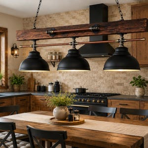 May include: A linear pendant light fixture featuring a dark stained wooden beam suspended by chains. Three matte black dome-shaped metal shades are attached to the beam with copper pipes and dark metal fittings, creating a multi-light arrangement.