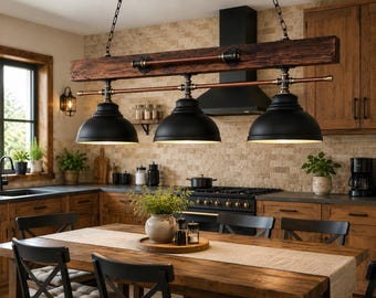 Rustic Industrial Beam Chandelier Copper Pipe Island Light Black Dome Pendant Light Farmhouse Dining Room Hanging Lamp Reclaimed Wood Light