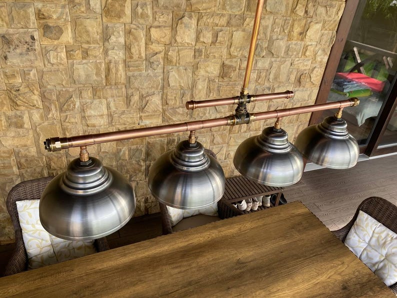 Copper Pipe Chandelier with Steel Shade - Rustic Industrial Lighting Bild 4