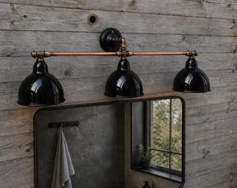Rustic Bathroom Vanity Light, 3 Shade Copper Pipe Wall Sconce, Farmhouse Mirror Fixture