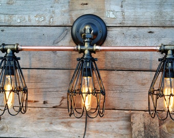 Industrial Vanity Light, Black Metal Mesh, Copper Pipe Wall Sconce