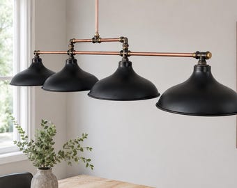 Lámpara de araña industrial de cobre para isla de cocina, lámpara de comedor rústica, lámpara de mesa de billar, pantallas grandes de metal negro.