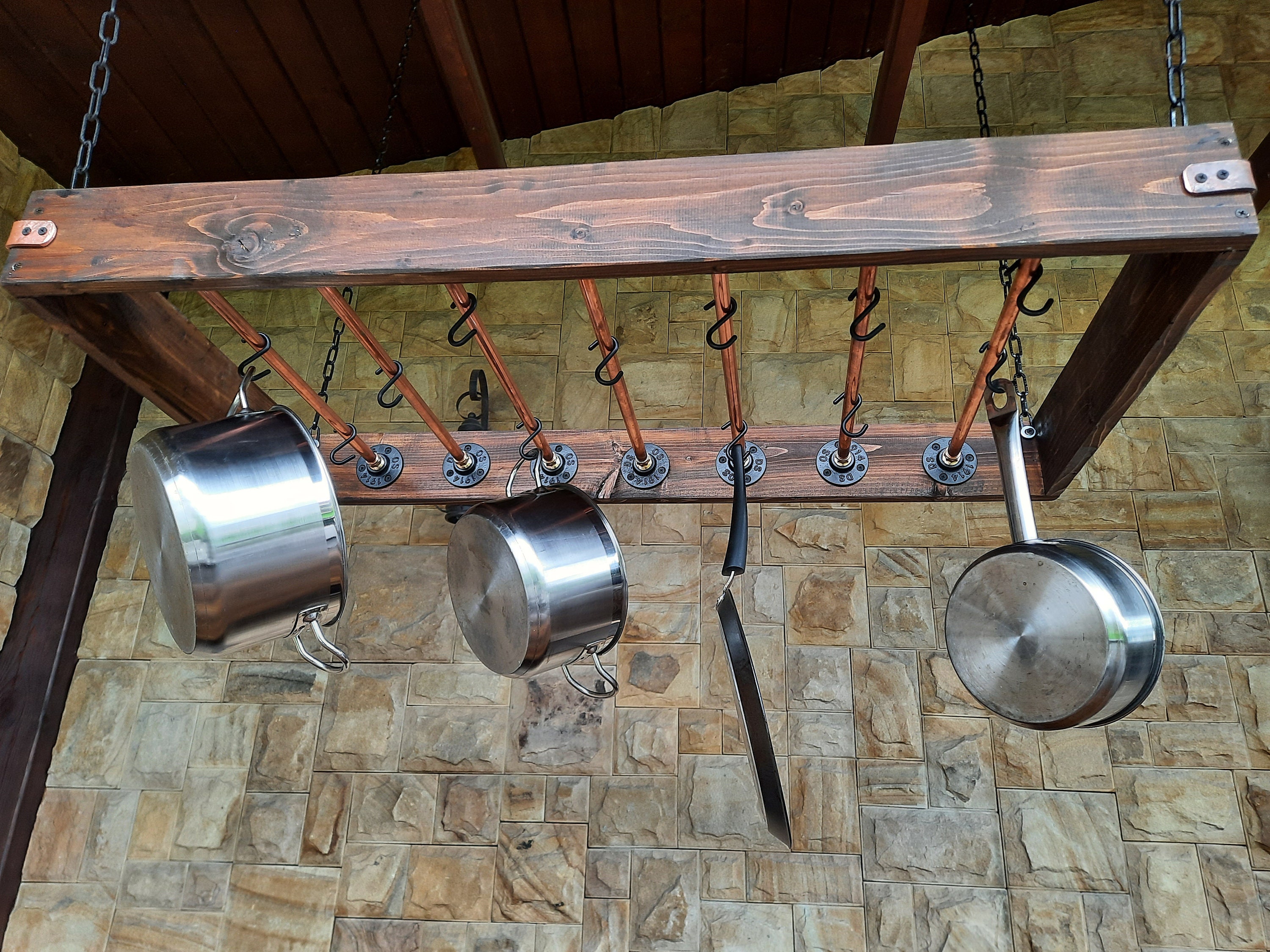 Handcrafted Solid Wood Wall Pot & Pan Rack Vintage Style Skillet Hanger 