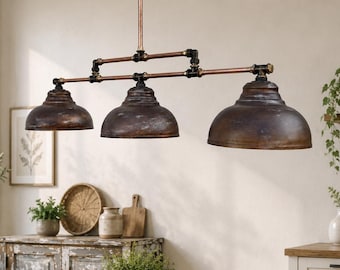 Industrial Kitchen Island Light, Copper Pipe Chandelier, Rustic Linear Pendant Fixture