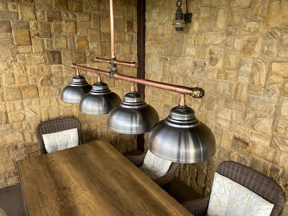 Large industrial pendant chandelier made of copper pipes with bronze fittings Rustic lighting for a kitchen island or a billiard table