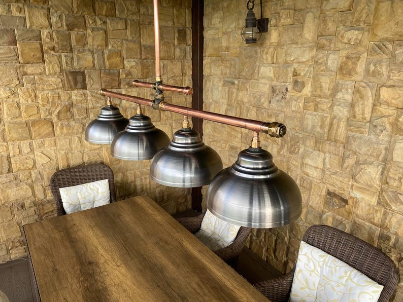 Copper Pipe Chandelier with Steel Shade - Rustic Industrial Lighting Bild 1