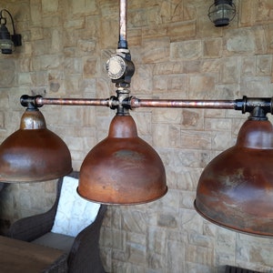Rusty Industrial Ceiling Pendant Lamp – Handmade Steampunk Chandelier with Copper Tubing & Steel Shade | Rustic Lighting for Country House