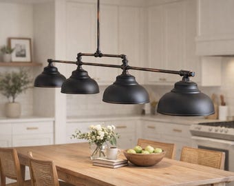 Rustic Farmhouse Pipe Chandelier, 4 Light Black Pendant Lamp, Industrial Kitchen Island Lighting