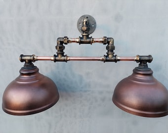 Industrial Brass Double Sconce, Mid Century Modern Vanity Light, Bathroom Wall Lamp