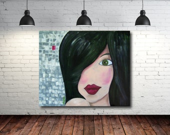 Portrait woman gray canvas modern abstract, contemporary painting, red black white decor oil painting inside, hand-made art