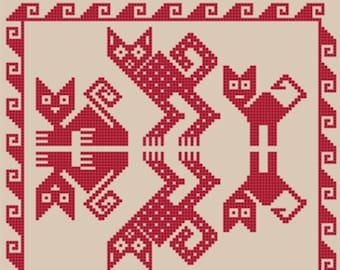 Peruvian Cat's Reflection and Cat's Mirror Sampler Cross Stitch Digital Pattern Peru Precolumbian