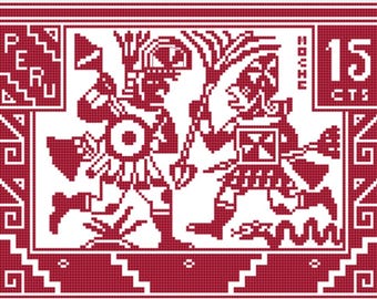 Moche Warriors Stamp 1932 Cross Stitch Digital Pattern Peru Pre-Columbian Ancient Peru Mochica Culture Stamp