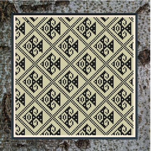 May include: Black and white geometric pattern with a repeating design of stylised crosses and diamonds. The pattern is framed in a black frame.