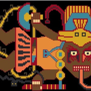Può includere: Un'immagine pixelata colorata di una creatura mitologica con un viso rosso, occhi grandi e una lunga lingua. La creatura indossa una corona dorata e ha un corpo con motivi blu e gialli. Lo sfondo è nero.