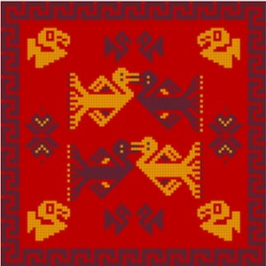 May include: A red rug with a geometric pattern featuring stylized birds in yellow and purple. The rug has a border of a repeating geometric pattern in black and red.