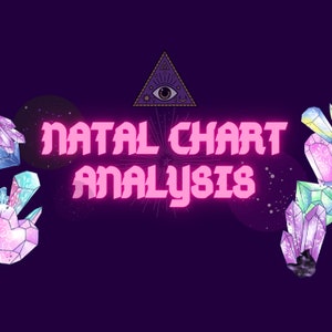 Puede incluir: Fondo morado con texto rosa neón "NATAL CHART ANALYSIS". La imagen incluye ilustraciones de cristales, un triángulo con un ojo y elementos celestiales, sugiriendo astrología o temas espirituales.