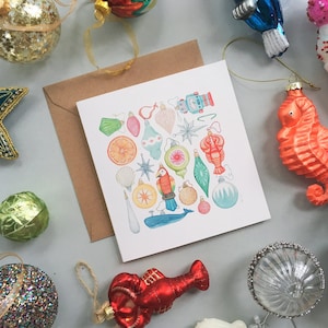 RETRO BAUBLES Flatlay Minimal Weihnachtskarten! - Handgezeichnete illustrierte Vintage Weihnachtsbaumschmuck Urlaub Happy Merry Recycled Eco