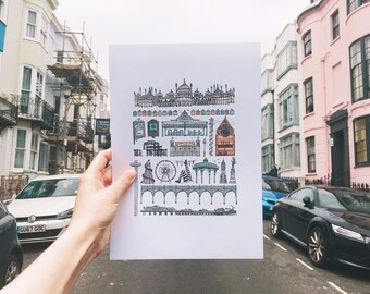 Brighton Landmarks Illustration Print: Pier, Wheel, Seaside Architecture