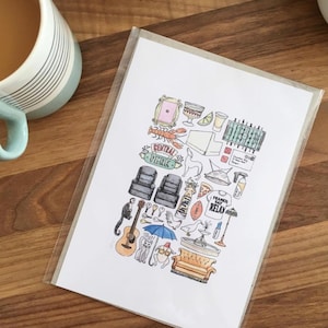 FRIENDS TV Show Minimal Art Print / Colour Black and White Line Drawing Poster Quote Watercolour 90s Sofa Central Perk NYC Guitar Smelly Cat image 1