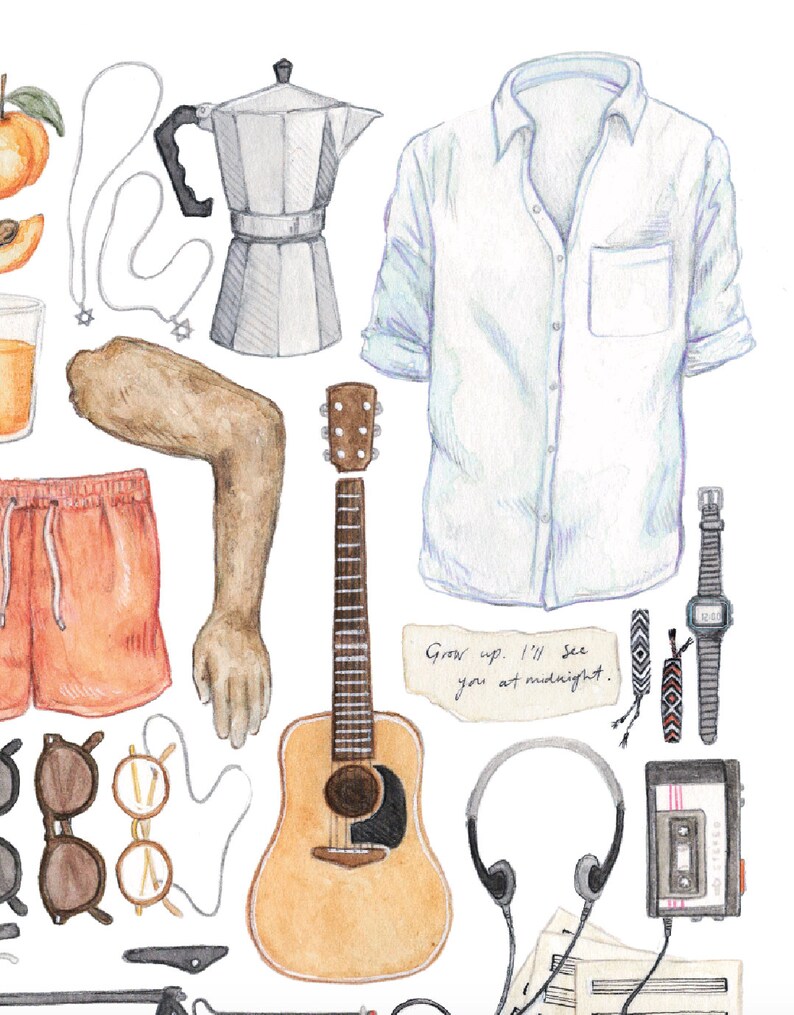 Pode incluir: Uma ilustra&ccedil;&atilde;o de aquarela de uma variedade de objetos, incluindo uma guitarra, uma cafeteira, &oacute;culos de sol, uma fita cassete, um rel&oacute;gio, uma camisa, fones de ouvido, uma nota que diz "Cres&ccedil;a. Vejo voc&ecirc; &agrave; meia-noite." e shorts.