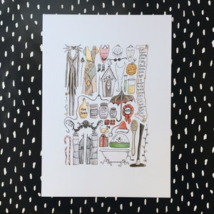 May include: A colourful illustration of characters and objects from the film The Nightmare Before Christmas. The illustration includes Jack Skellington, Sally, Zero the ghost dog, Oogie Boogie, and other characters. The illustration also includes a variety of objects, such as a Christmas tree, a candy cane, a pumpkin, and a bottle of "Boo Juice".