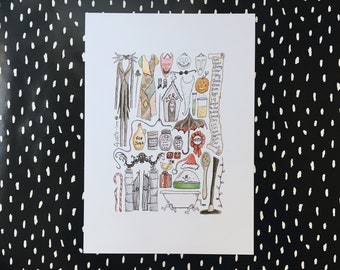 Nightmare Before Christmas Art Print: Hand Drawn Halloween Illustration