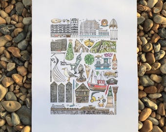 Hastings & St Leonards Art Print: Line Drawing Illustration Poster