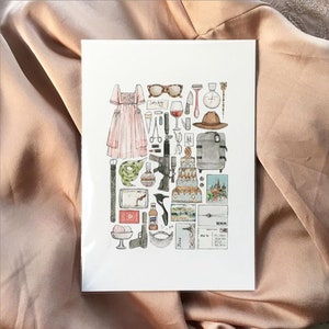 May include: A watercolour illustration of a collection of items, including a pink dress, sunglasses, a bottle of perfume, a gun, a cake, a suitcase, a hat, a wine glass, a passport, a pair of scissors, a lipstick, a pair of shoes, a bottle of liquor, a postcard, and a map. The illustration is in a white frame.