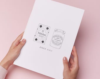 Essex Gals iconic food items illustrated print
