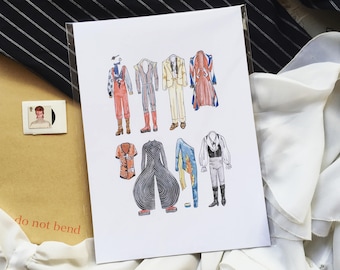 David Bowie Art Print: Iconic Outfits, Ziggy Stardust, Watercolour Poster