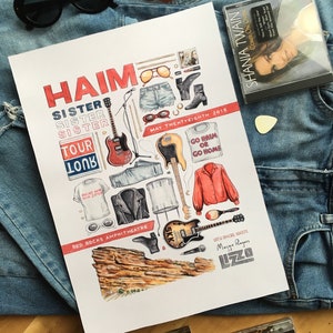 HAIM Sister Sister Sister Tour Poster - 2018 Red Rocks Amphitheatre Show ft Lizzo // Art Print Drawing Band Merch Minimal Guitars Necklace