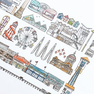 May include: A black and white line drawing illustration of a seaside town with various buildings, including a Ferris wheel, roller coaster, amusement park, and a lighthouse. The illustration is drawn in a whimsical style with a focus on the details of the buildings and attractions.