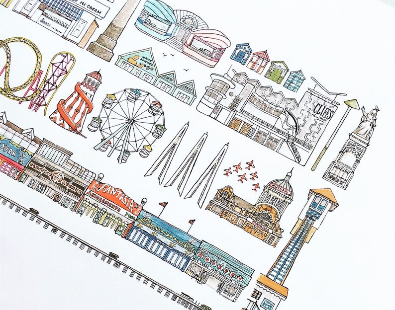 May include: A black and white line drawing illustration of a seaside town with various buildings, including a Ferris wheel, roller coaster, amusement park, and a lighthouse. The illustration is drawn in a whimsical style with a focus on the details of the buildings and attractions.