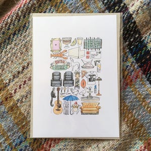 May include: A colourful illustration of iconic objects from the TV show Friends. The illustration includes the Central Perk logo, a purple door frame, a sofa, a coffee cup, a turkey, a guitar, a fountain, and a white shirt with the text "I'll be there for you".