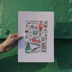 LEIGH-ON-SEA Poster Druck Essex Küstenstadt Personalisierte Flatlay Fischerboot Anker Haus Alte Muschel Krabbe Möwe Boje Eiscreme