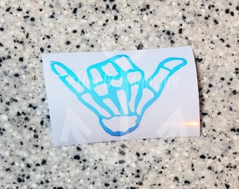 Skeleton shaka sticker, holographic shaka window decal, Jeep hang loose decal, shaka skeleton decal for car, shaka left hand