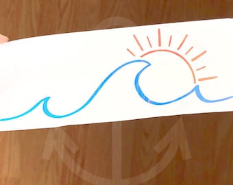 Ocean wave and sun decal, holographic beach car decal, wave decal, sunset ocean car decal, beach wave sticker for car, opal wave sticker