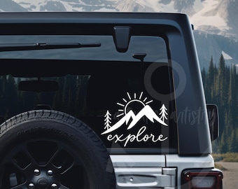 Explore car decal, offroad mountain car decal, adventure decal sticker for car, mountain range with sun and trees for Jeep