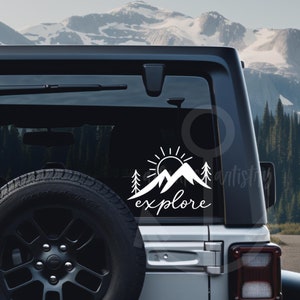 Explore Mountains Car Decal: Adventure Sun & Trees Sticker