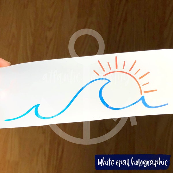 Ocean wave and sun decal sticker, opal wave with sun, holographic beach wave, ocean sticker water bottle, decal for tumbler, yeti decal