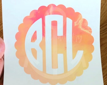 Scallop monogram decal, holographic monogram decal, scallop monogram sticker, scalloped car decals, opal monogram decal for car window