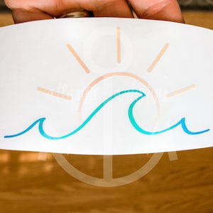 Holographic ocean wave and sun decal, opal wave with sun, holographic beach wave, ocean sticker water bottle, decal for tumbler, yeti decal