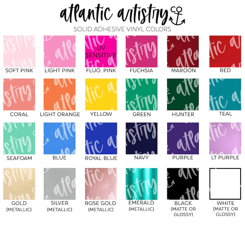 May include: A chart of solid adhesive vinyl colors for crafting. The colors include soft pink, light pink, fuchsia, maroon, red, coral, light orange, yellow, green, hunter, teal, seafoam, blue, royal blue, navy, purple, light purple, gold, silver, rose gold, emerald, black, and white.