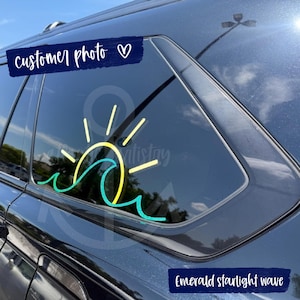 Ocean wave and sun decal, holographic sunset beach decal, beach car decal, wave car decal, wave car decal sticker, sun ocean wave image 2